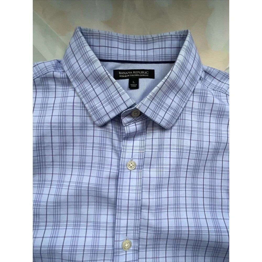 Banana Republic Mens Large Blue Plaid Button Up Shirt Slim Fit Non-Iron Tailored